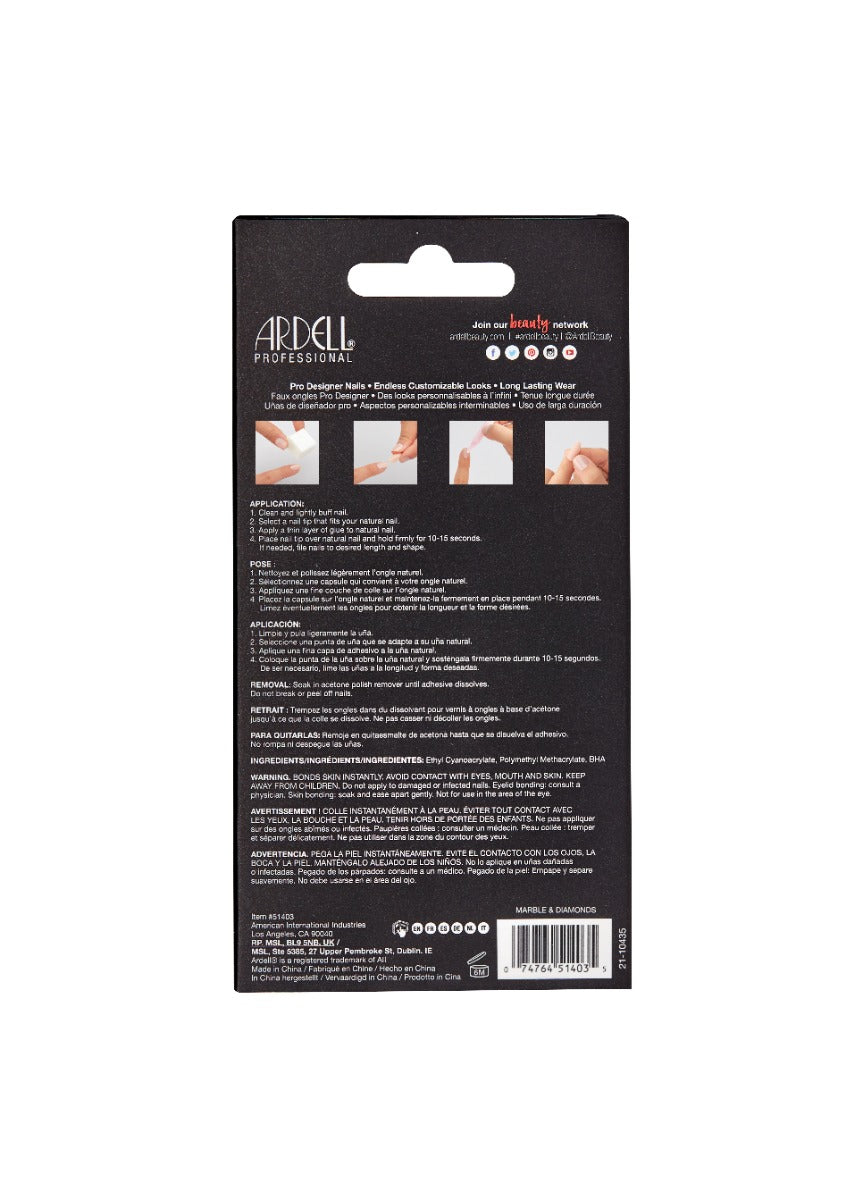 Back of Ardell Nail Addict Marble and Diamonds box with instructions in three different languages