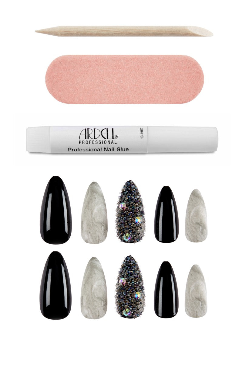 Marble & Diamonds stiletto press-on nails with rhinestone accents, nail glue, file, and cuticle stick for easy application.