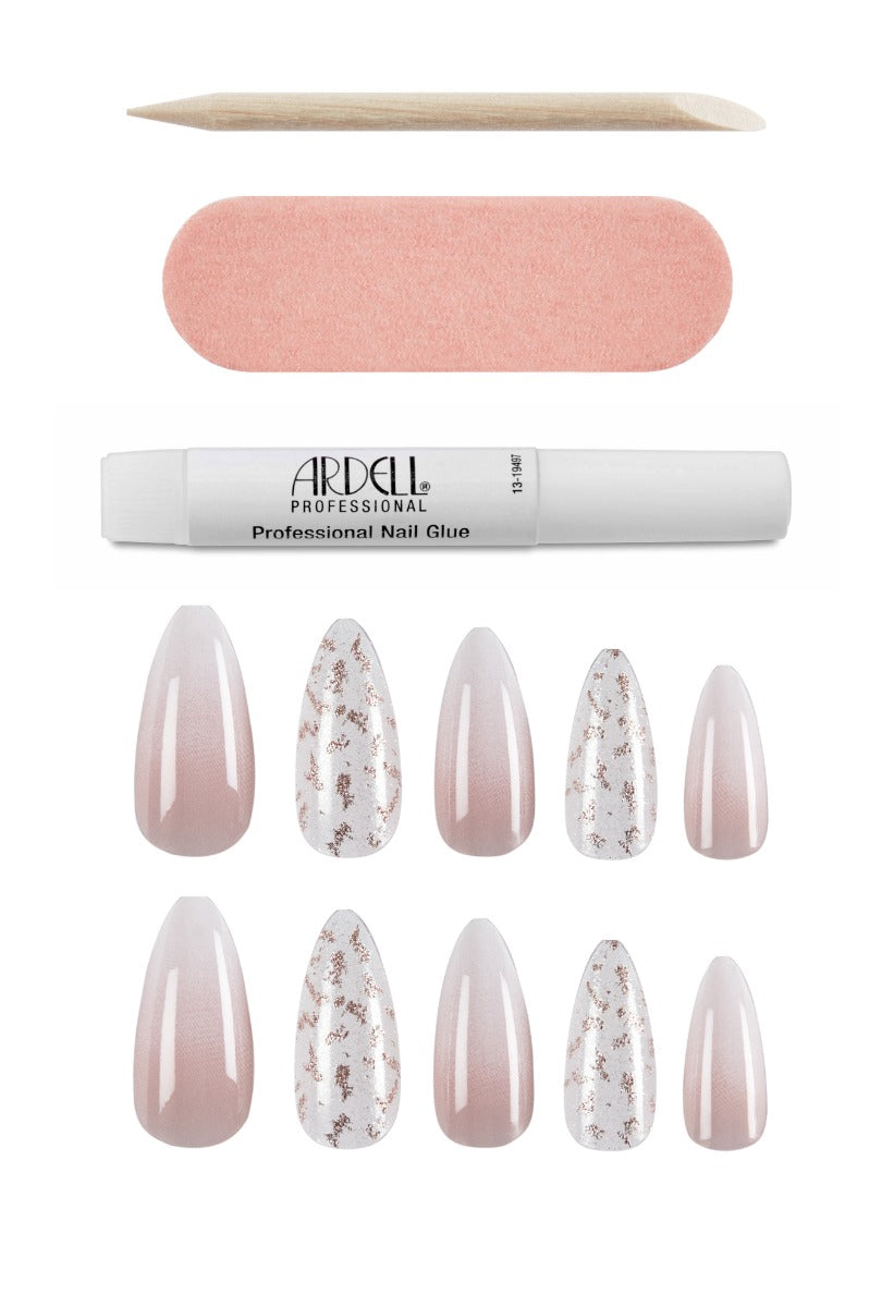 Gilded ombre stiletto press-on nails with rose gold foil detailing, nail glue, file, and cuticle stick included.