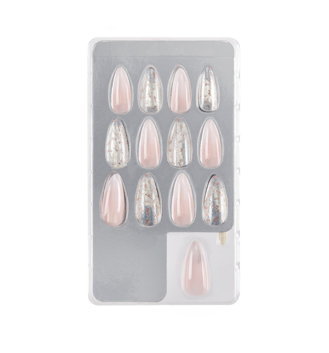 Pack of 12 gilded ombre stiletto press-on nails in clear packaging for a trendy, salon-quality manicure.