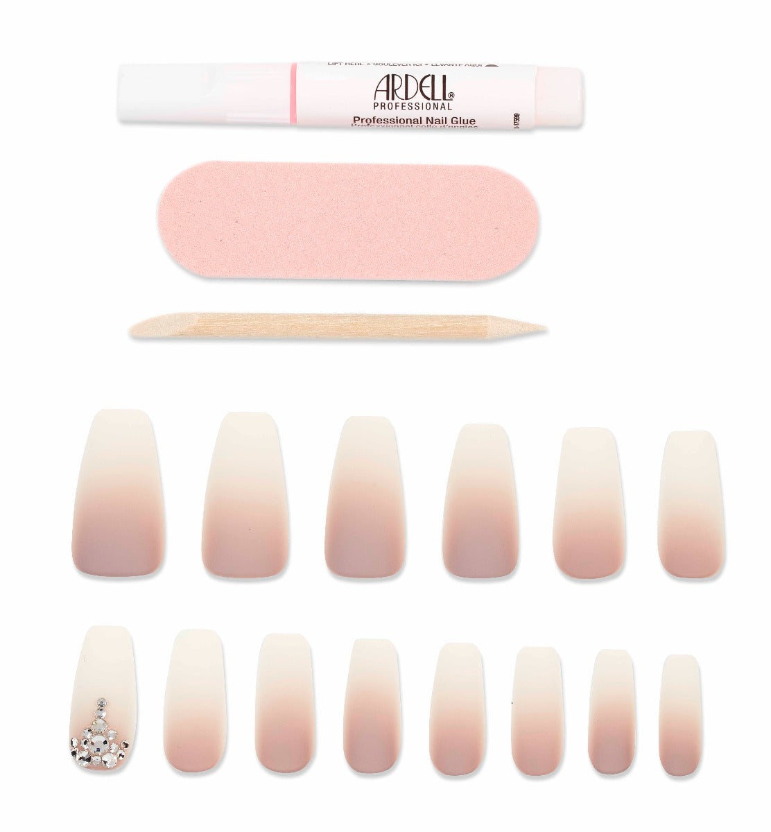 Ombré press-on nails set with rhinestone accents, includes glue, file, and cuticle stick for easy application.