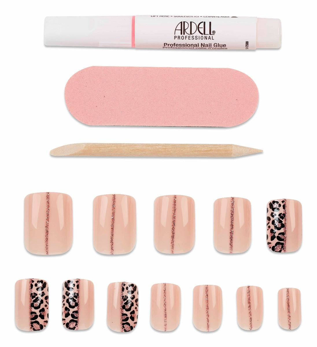 Pink press-on toenails with cheetah print and glitter stripe, includes glue and tools for a bold, trendy pedicure.