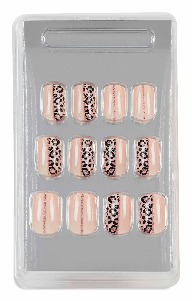 Packaged pink cheetah and glitter striped press-on toenails, delivering a stylish and glamorous nail look.