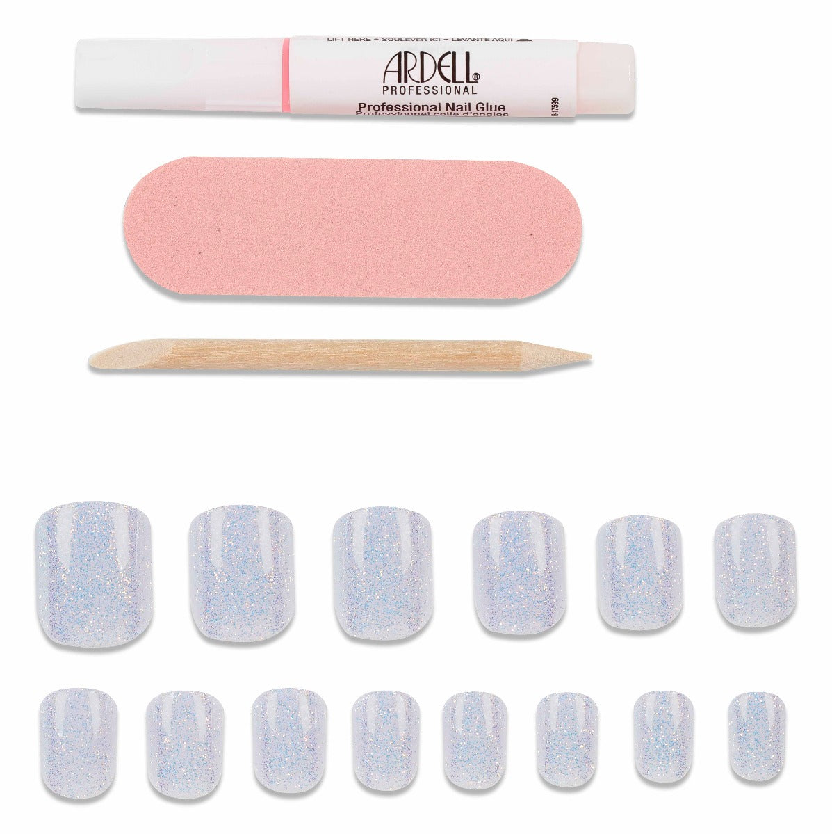 Iridescent glitter press-on toenails with nail glue, file, and cuticle stick, offering a sparkling pedicure at home.