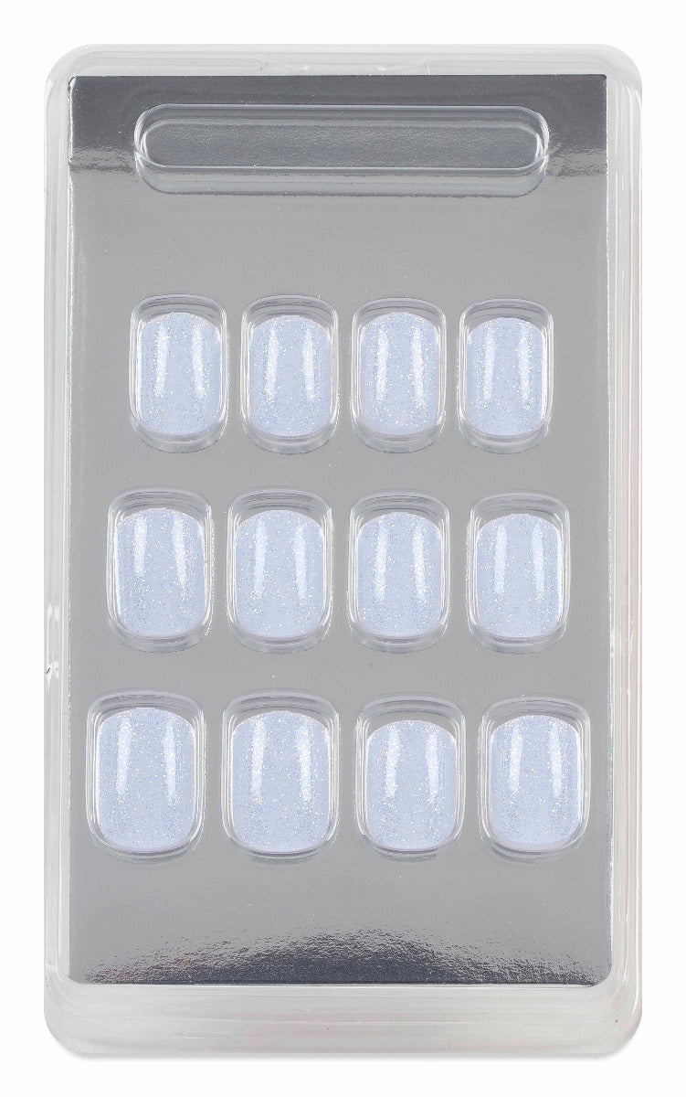 Packaged iridescent glitter press-on toenail set, featuring shimmering nails for an effortless salon-quality pedicure.