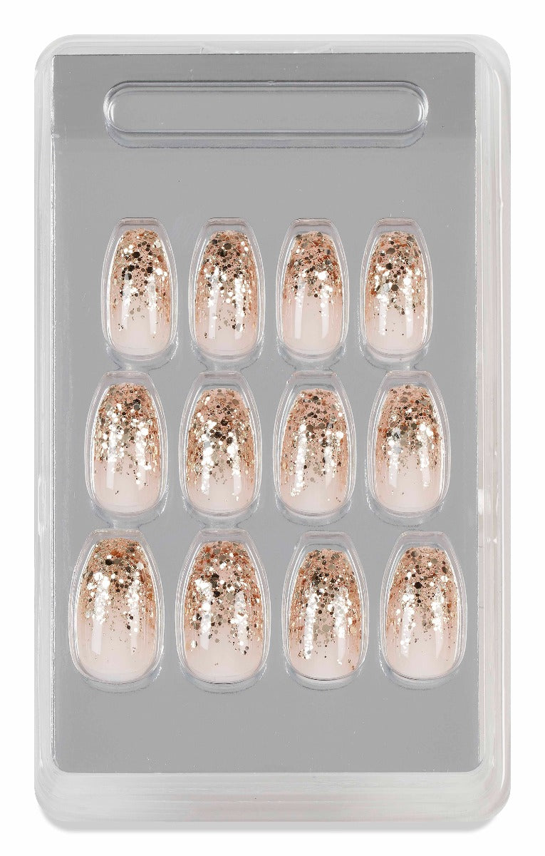 Glittery rose gold gradient press-on nails neatly arranged in a clear packaging case for easy selection.