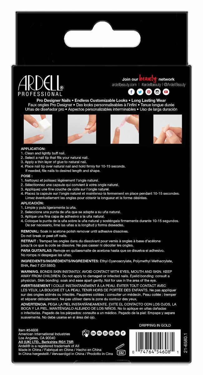 Back preview of Ardell Nail Addict Premium Nail Set, Dripping in Gold pack with instruction in three different languages
