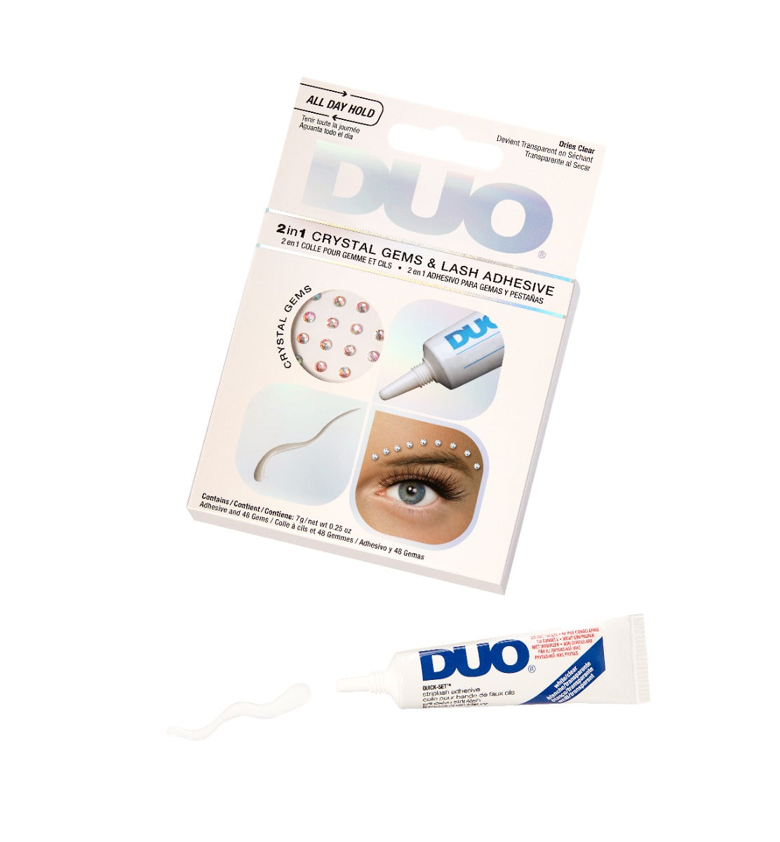 DUO 2-in-1 Crystal Gems & Lash Adhesive – DUO clear lash adhesive with crystal gems for face and lashes, offering all-day hold.