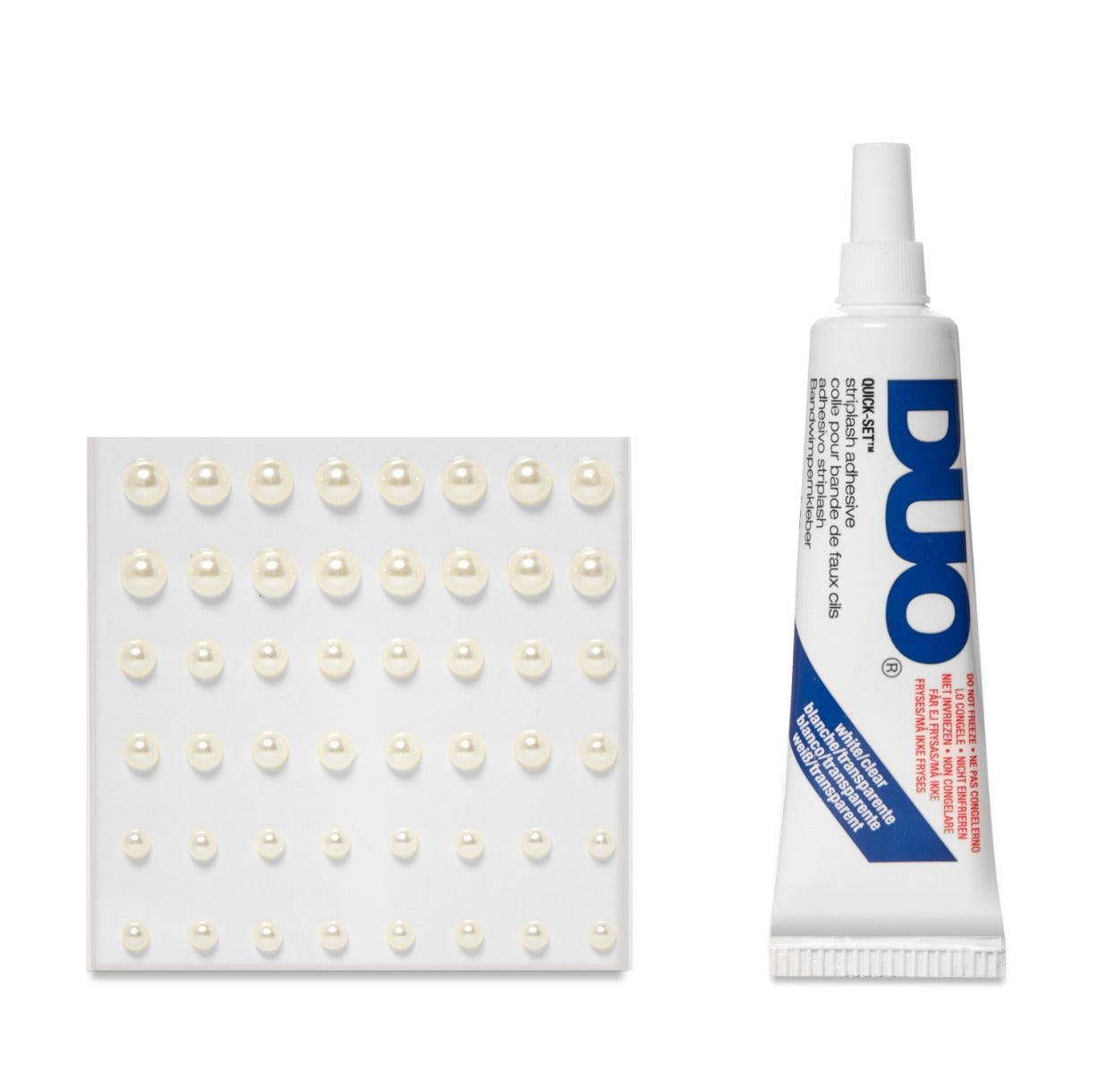 DUO Lash Adhesive with Pearl Gems – Strong hold lash glue paired with pearl gems for customizable eye makeup designs.
