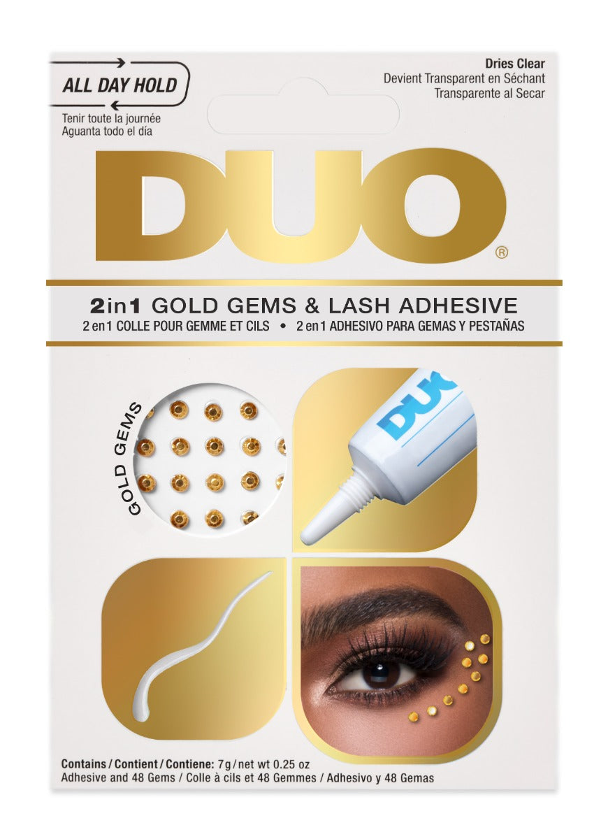 DUO 2-in-1 Gold Gems & Lash Adhesive – Dries clear, ensuring long-lasting hold with sparkling gold gems for artistic makeup effects.