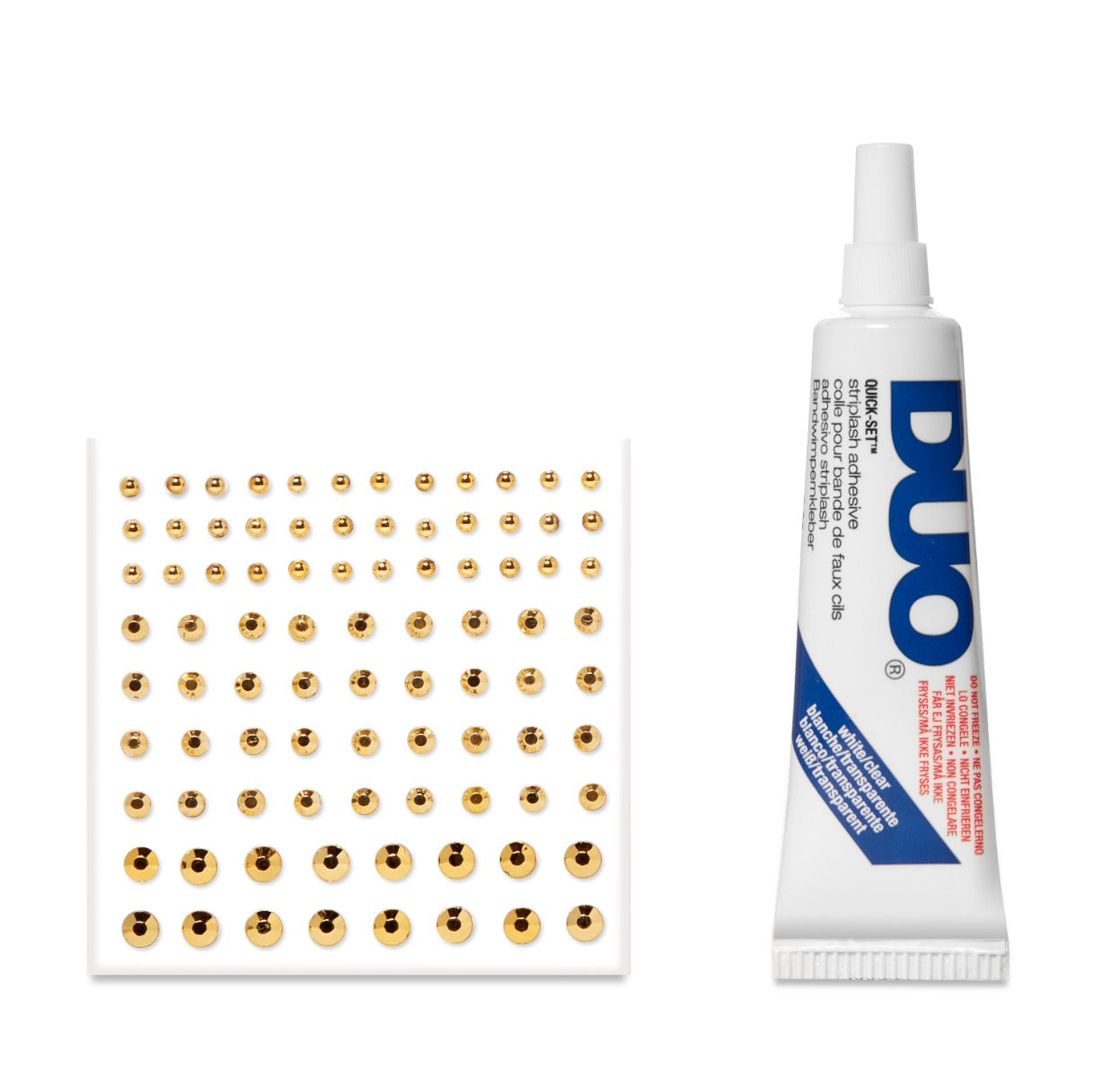 DUO Lash Adhesive with Gold Gems – Waterproof, all-day hold glue paired with gold gems for creative lash and face embellishments.