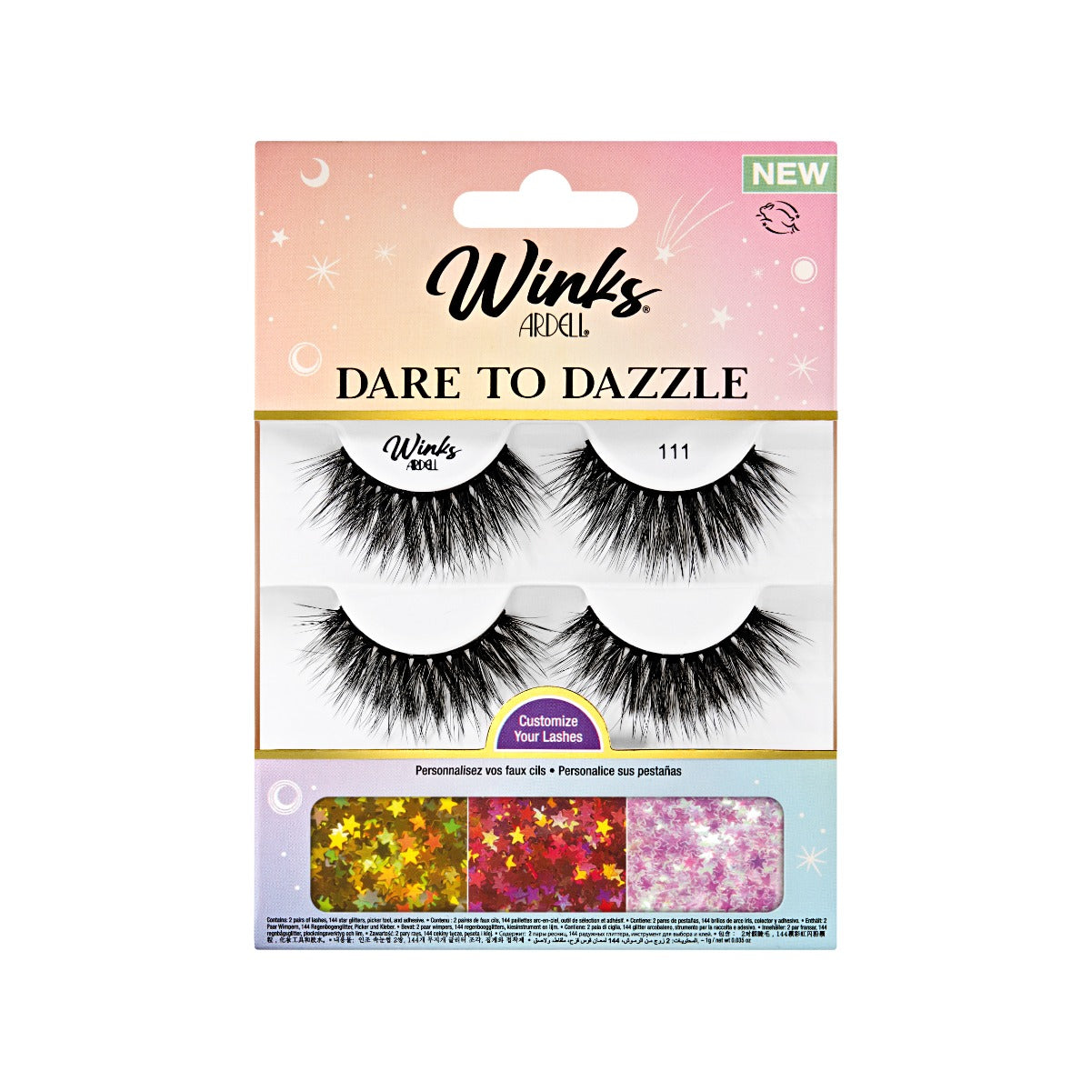 2 pairs of lashes in packaging with embellishments and tools
