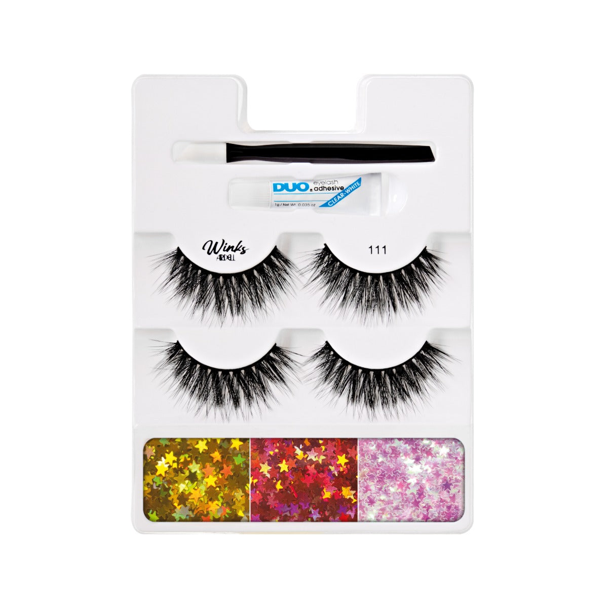 2 pairs of lashes on tray showing embellishments tool, and adhesive 
