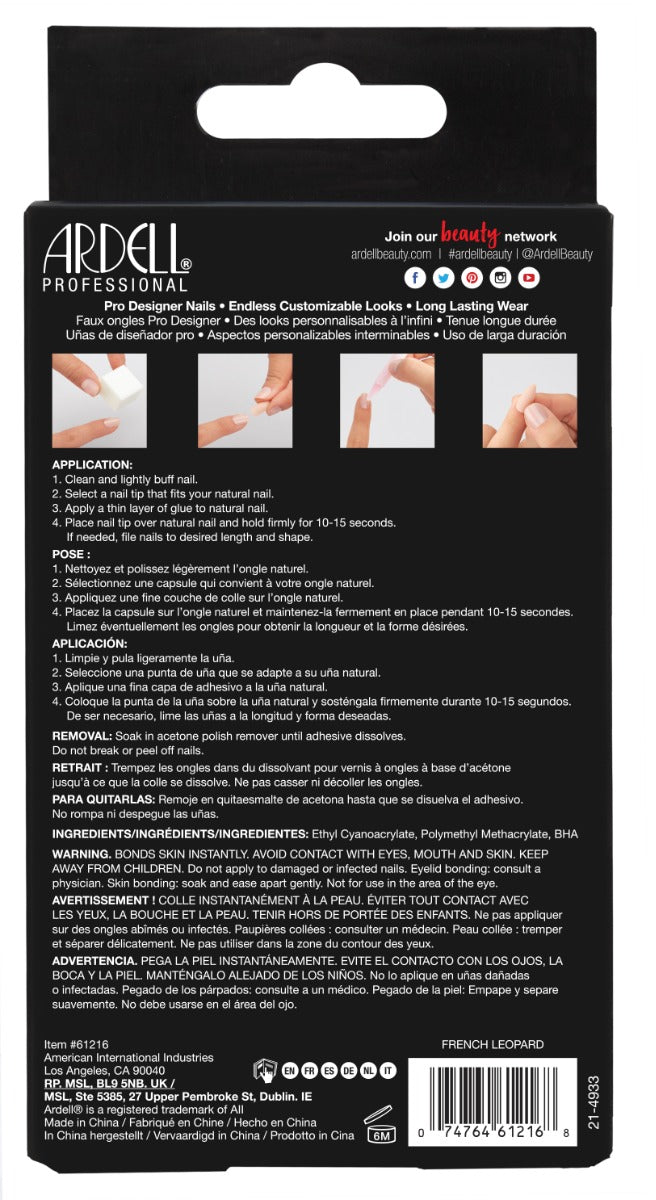 Back of Ardell Nail Addict in French Leopard with application instructions in three different languages