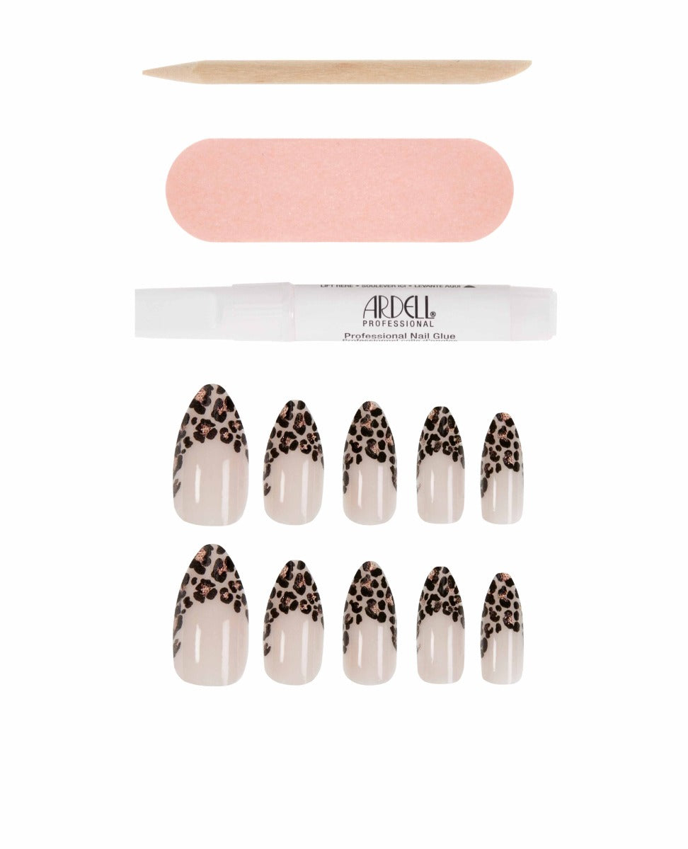 French Leopard press-on nails kit with nude base, nail glue, buffer, and cuticle stick.