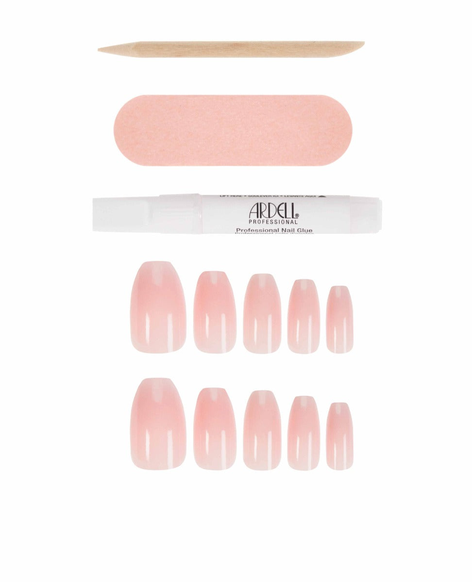 French Fade press-on nails set, includes professional nail glue, file, and cuticle stick for a flawless look.