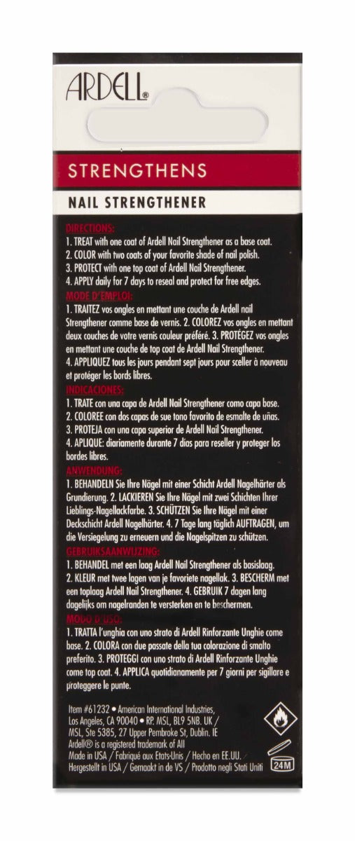 Back of Ardell Nail Strengthener box with instructions in three different languages