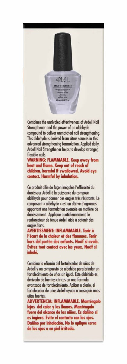 Box details of Ardell Nail Strengthener, highlighting its advanced formula and warnings.