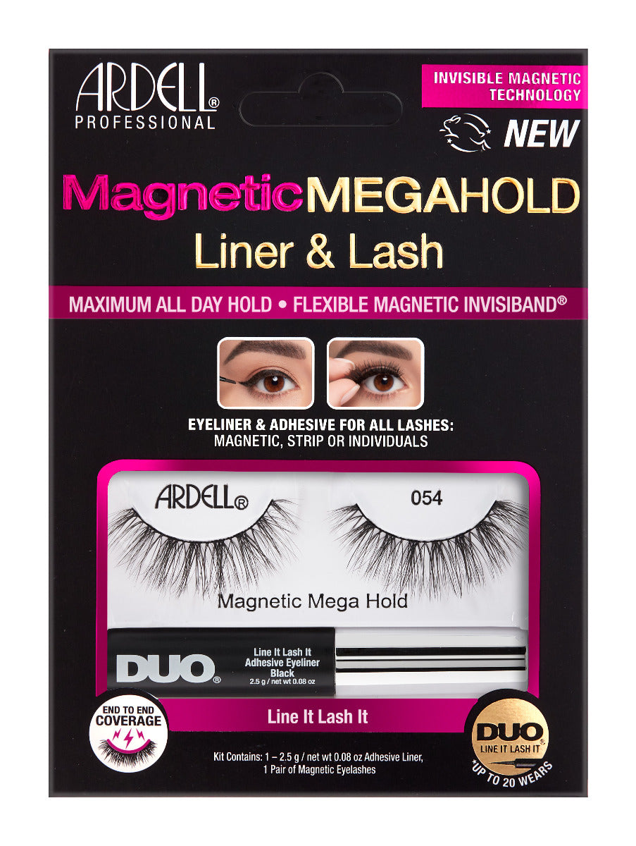 Frontage of a wall-hook ready retail packaging of Ardell's Magnetic Megahold Liner & Lash 054 with printed label text
