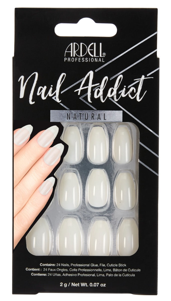 Front of Ardell, Nail Addict Natural Ballerina color in wall-hook ready packaging