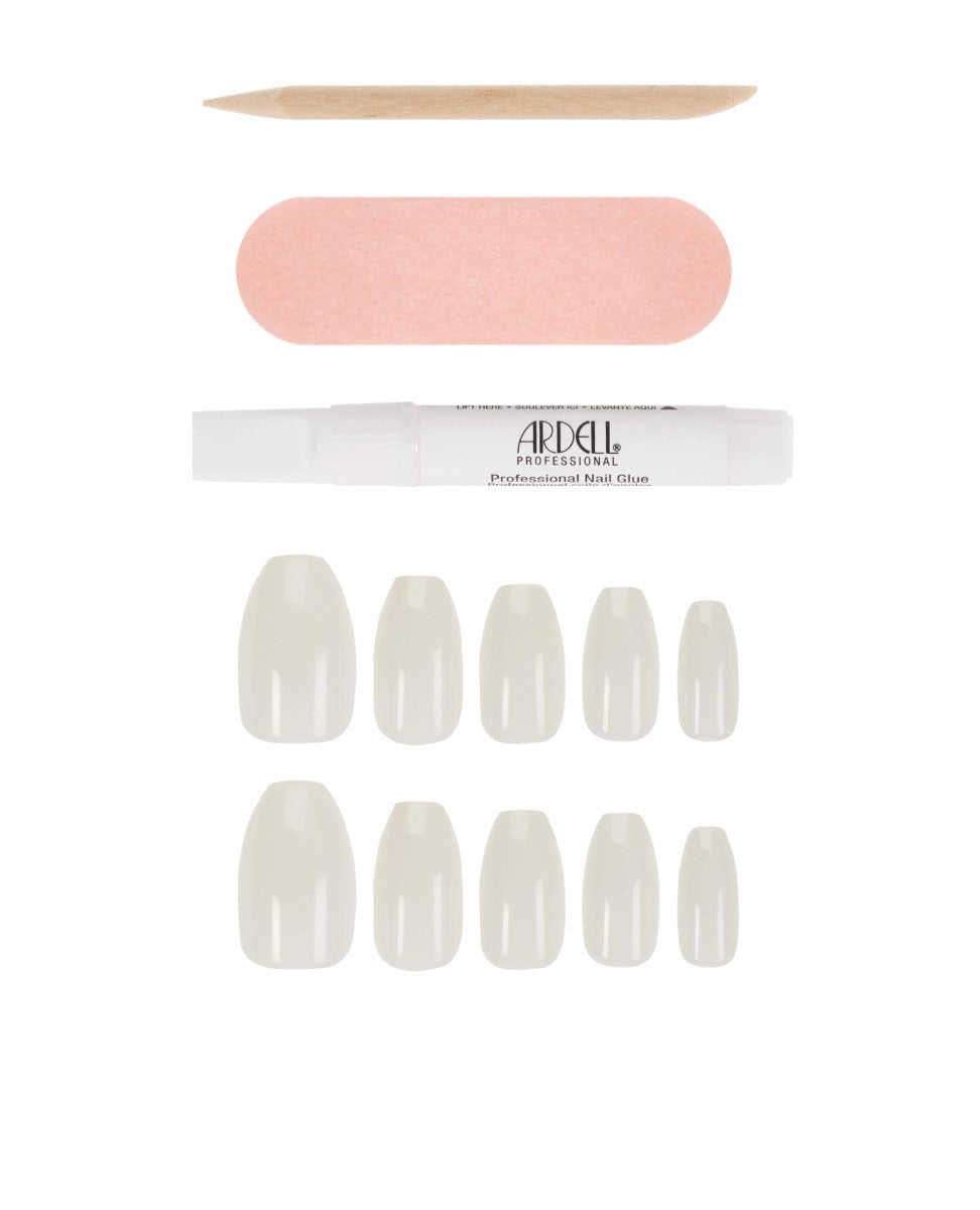 A set of classic natural ballerina press-on nails with nail glue, buffer, and cuticle stick for a natural, polished look.