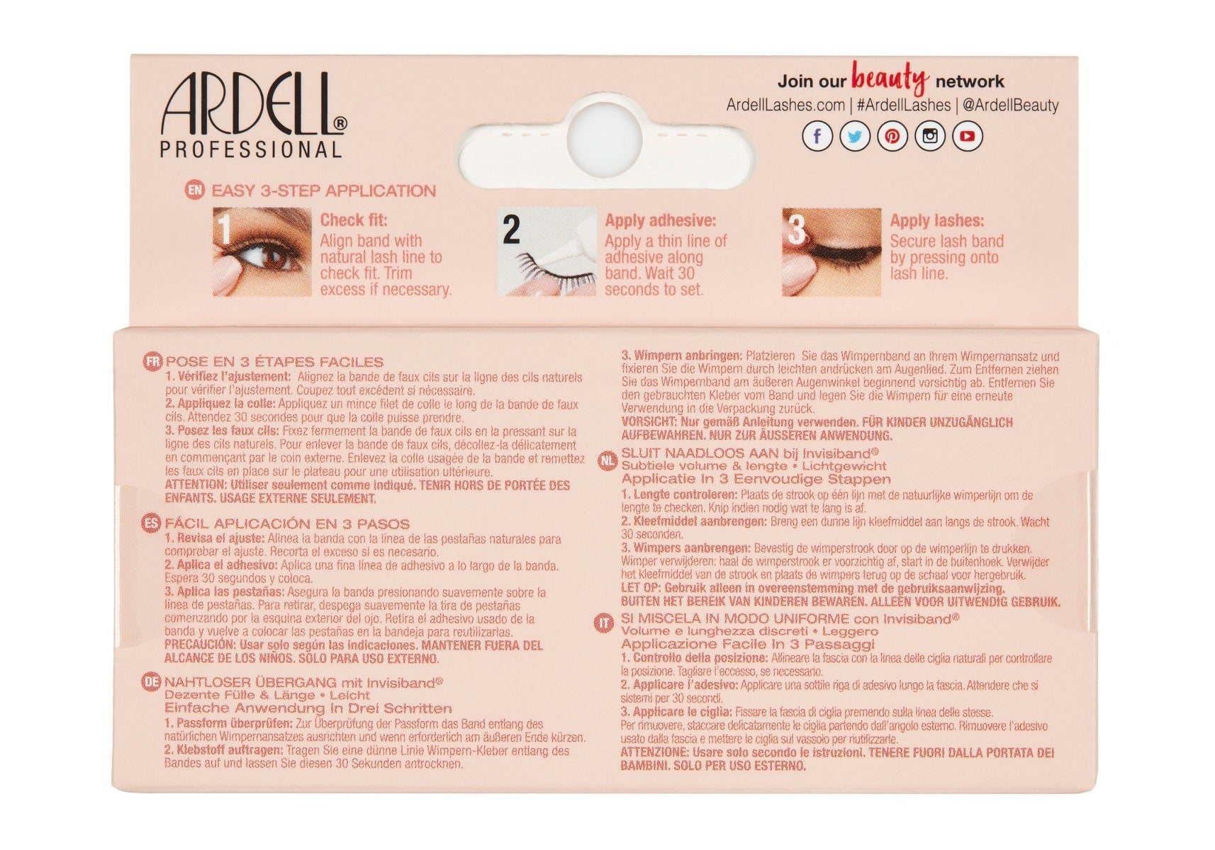 Back of Ardell Naked Lash 426 false lashes retail packaging with instructions in different languages