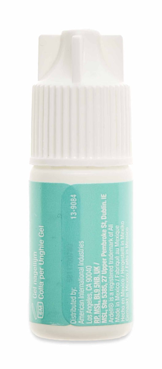 Back of Ardell nail glue bottle with white cap and teal label for long-lasting nail application.