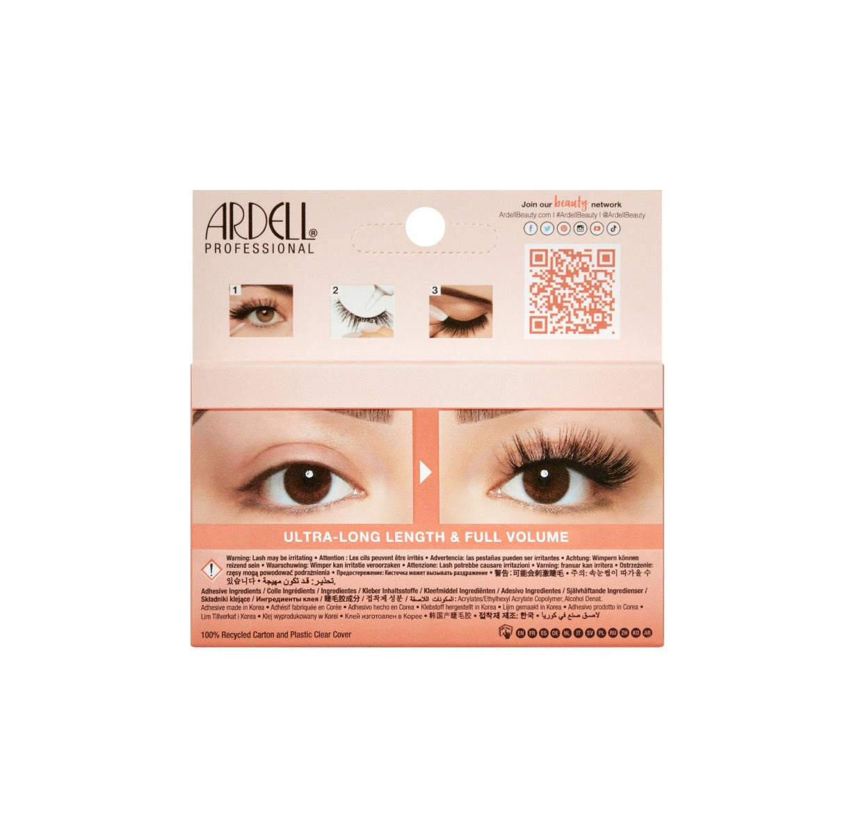 Back details of Ardell's  Big Beautiful Lashes Like for Likes packaging with image application & its inclusions