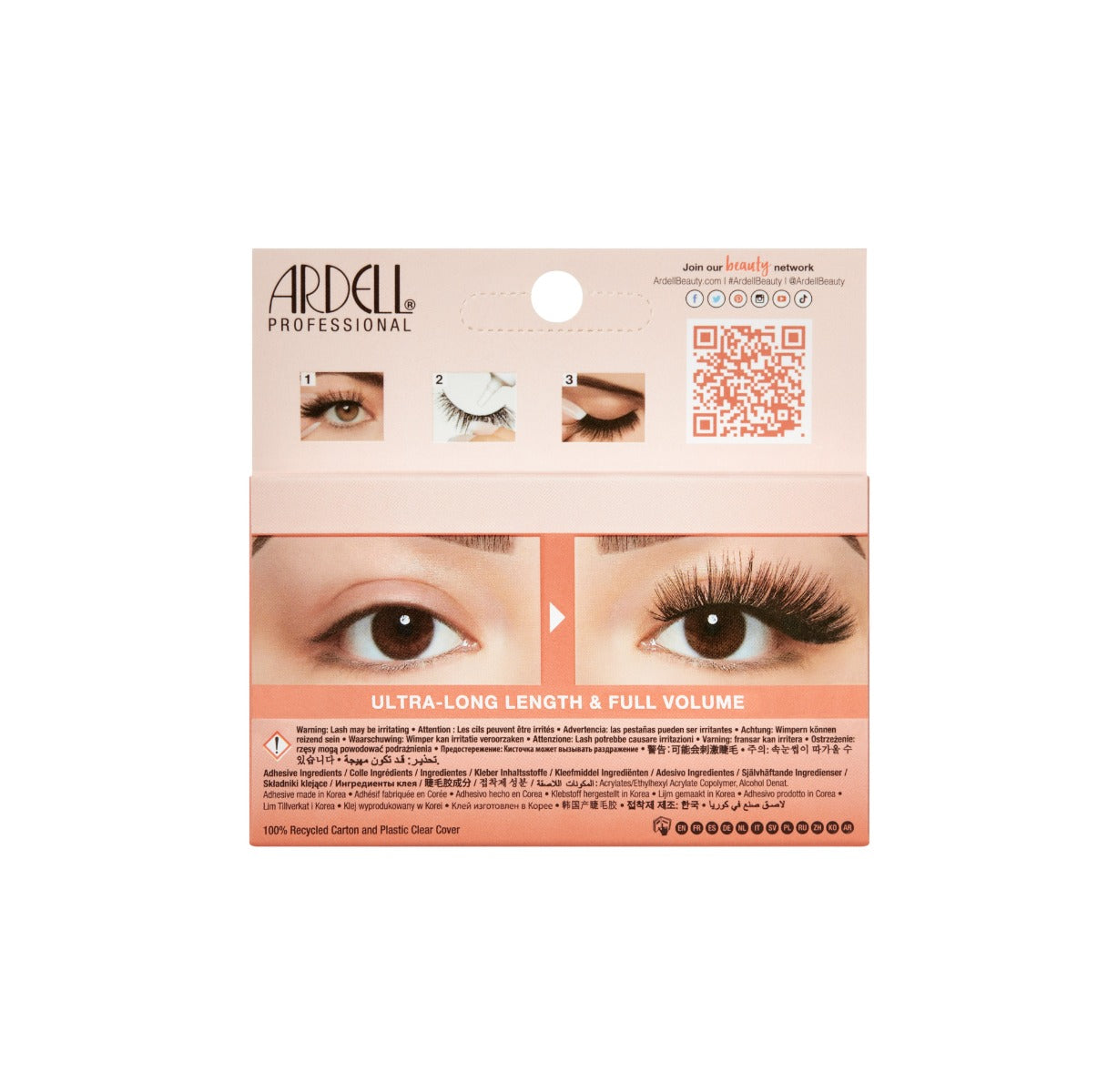 Back details of Ardell's Big Beautiful Lashes Thicc packaging with image application & its inclusions
