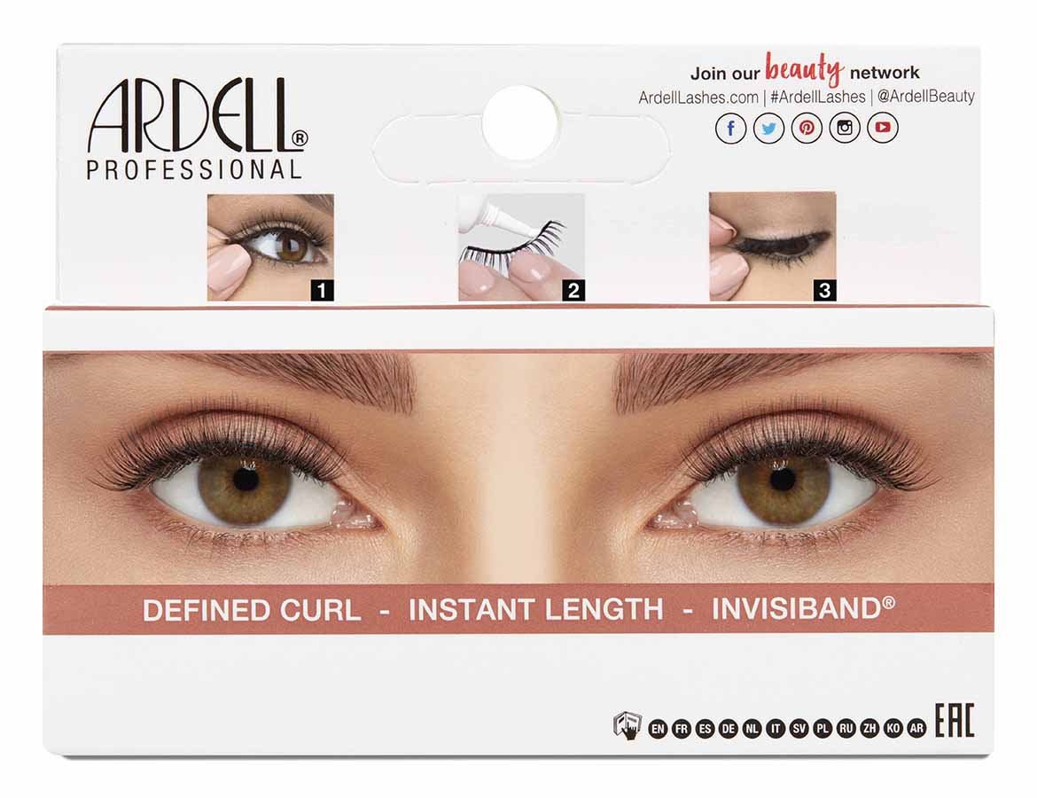 Back of Ardell Lift Effect 742 packaging featuring instructions and close up of a model's eyes wearing faux lashes