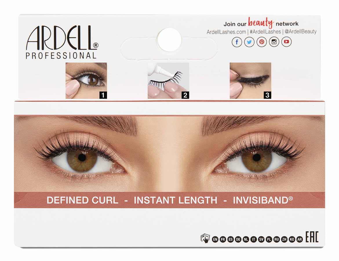 Back of Ardell Lift Effect 744 packaging featuring instructions and close up of a model's eyes wearing faux lashes