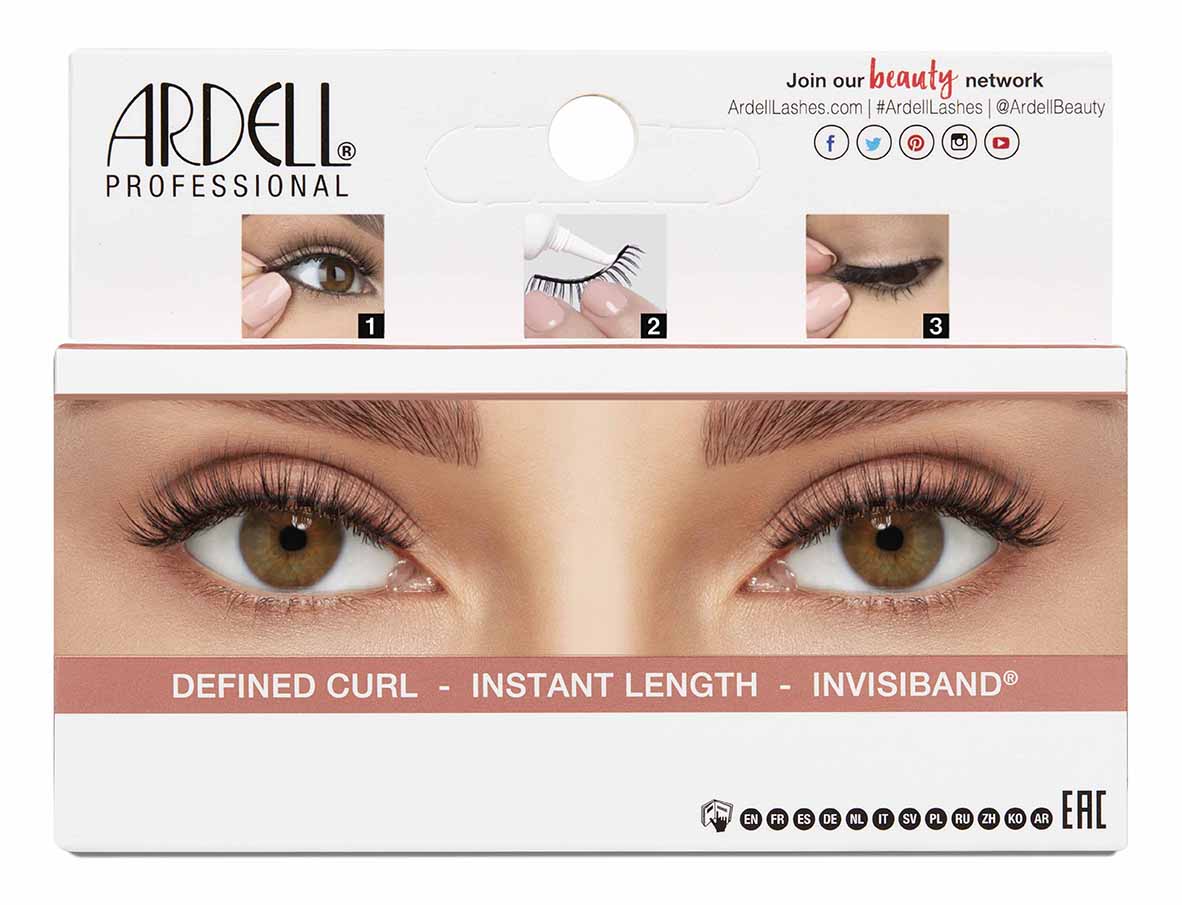 Back of Ardell Lift Effect 745 packaging featuring instructions and close up of a model's eyes wearing faux lashes