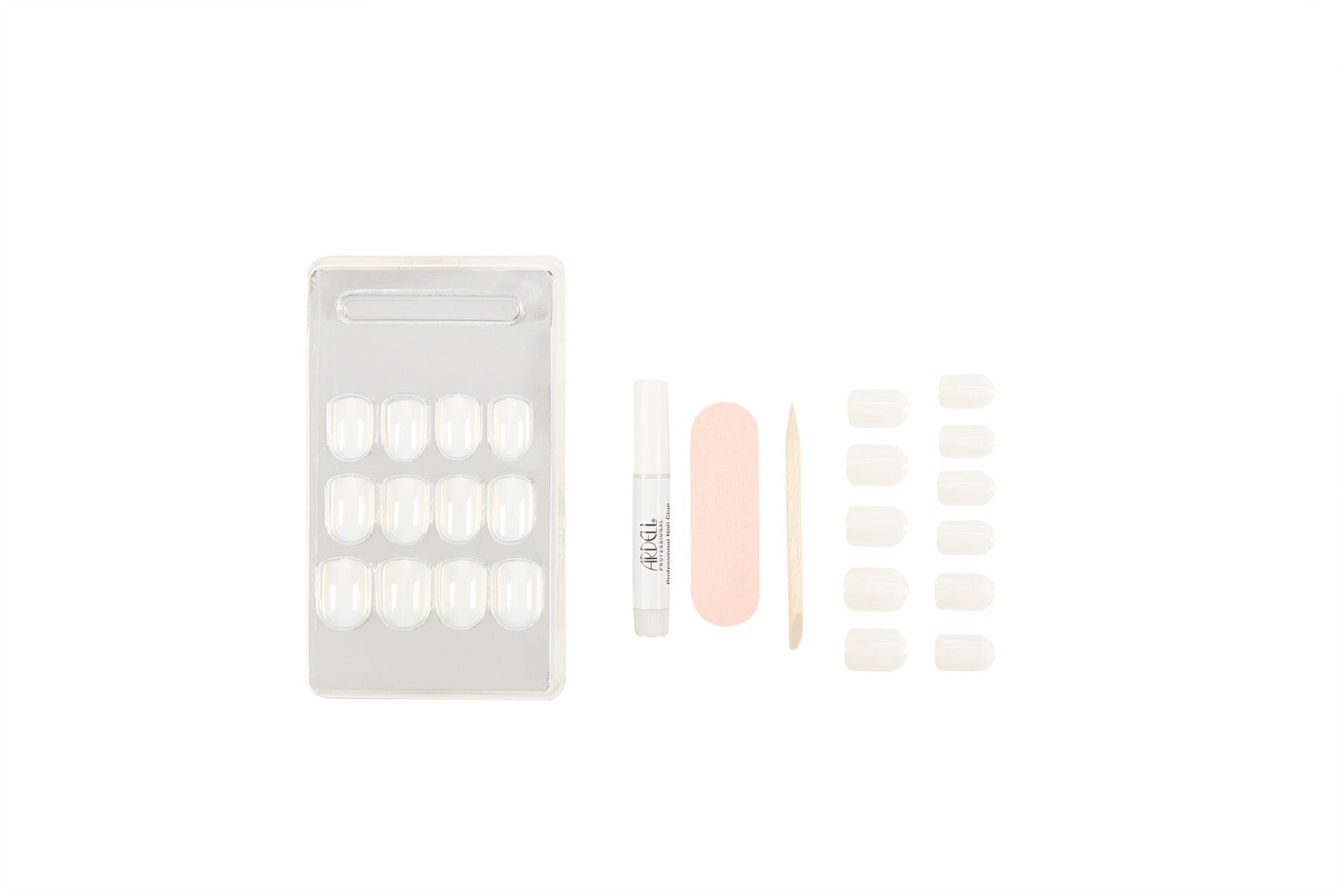 Transparent press-on nails with adhesive, nail file, and cuticle stick for a customizable, natural manicure look.
