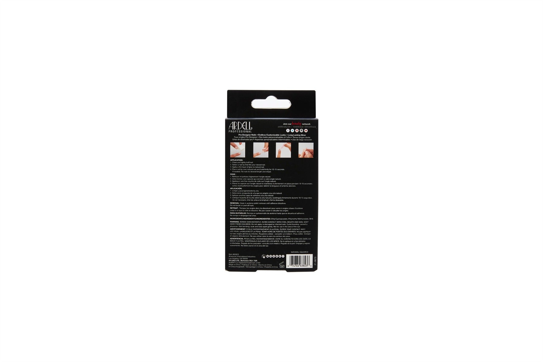 The back labeled details of Ardell Nail Addict Premium Artificial Nail Set in Natural long  variant packaging