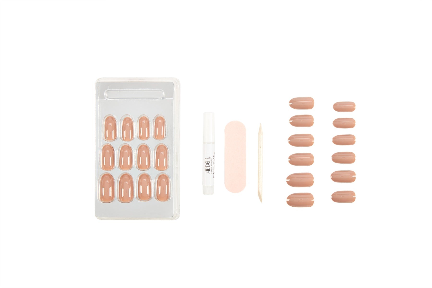 frontal view of the complete set with tools of Ardell Nail Addict Artificial Nail in Latte laid down separately