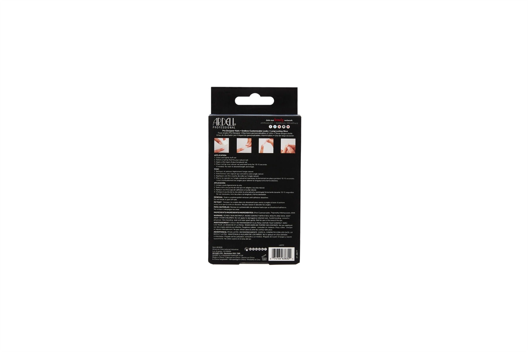 Back of Ardell, Nail Addict Premium Artificial Nail Set, Latte in packaging