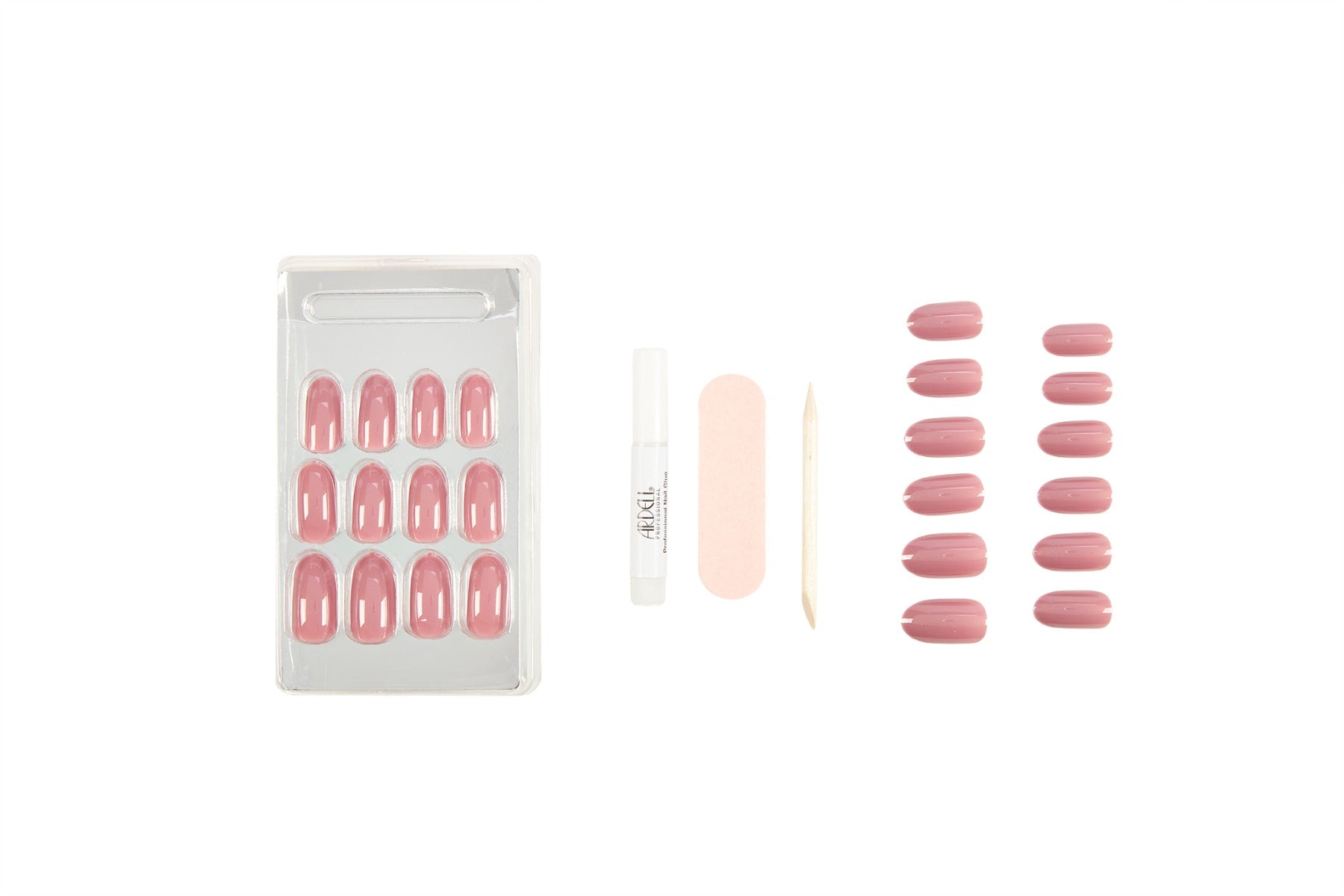 Frontal view of the complete set with tools  of Ardell Nail Addict Premium in Sweet Pink variant laid down separately