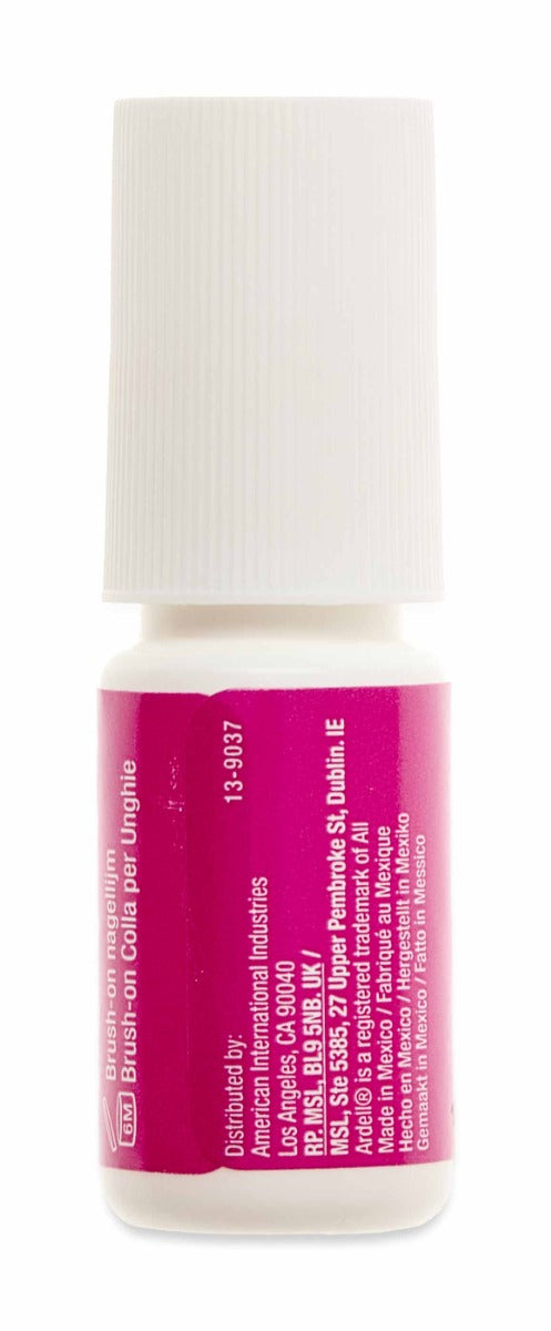 Back view of Ardell Nail Addict brush-on nail glue bottle displaying product details.