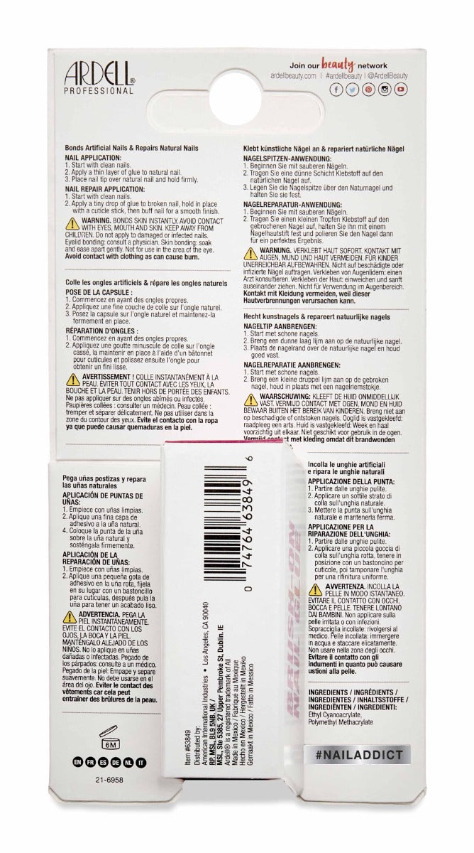 Back of Ardell Nail Addict Brush-On Nail Glue packaging with printed text in different languages