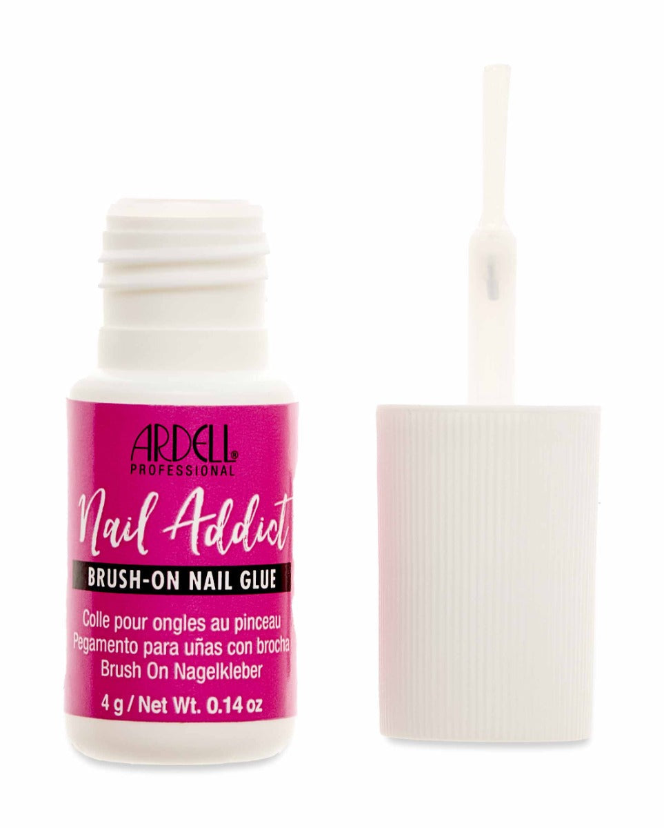 Ardell Nail Addict brush-on nail glue bottle with applicator, ideal for secure press-on nail application.