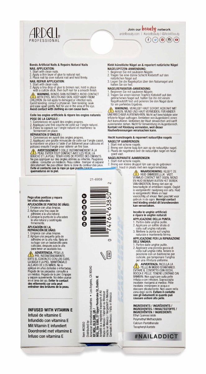 Back of Ardell Nail Addict Precision Nail Glue packaging with instructions in different languages