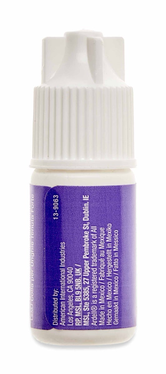 White-capped nail glue bottle with purple label, featuring product details and brand information