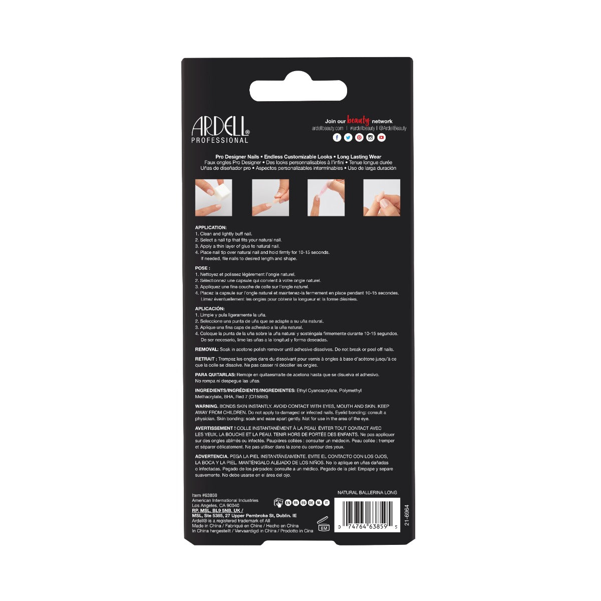 Back of Ardell Nail Addict Natural Ballerina Long Multipack box with instructions in different languages