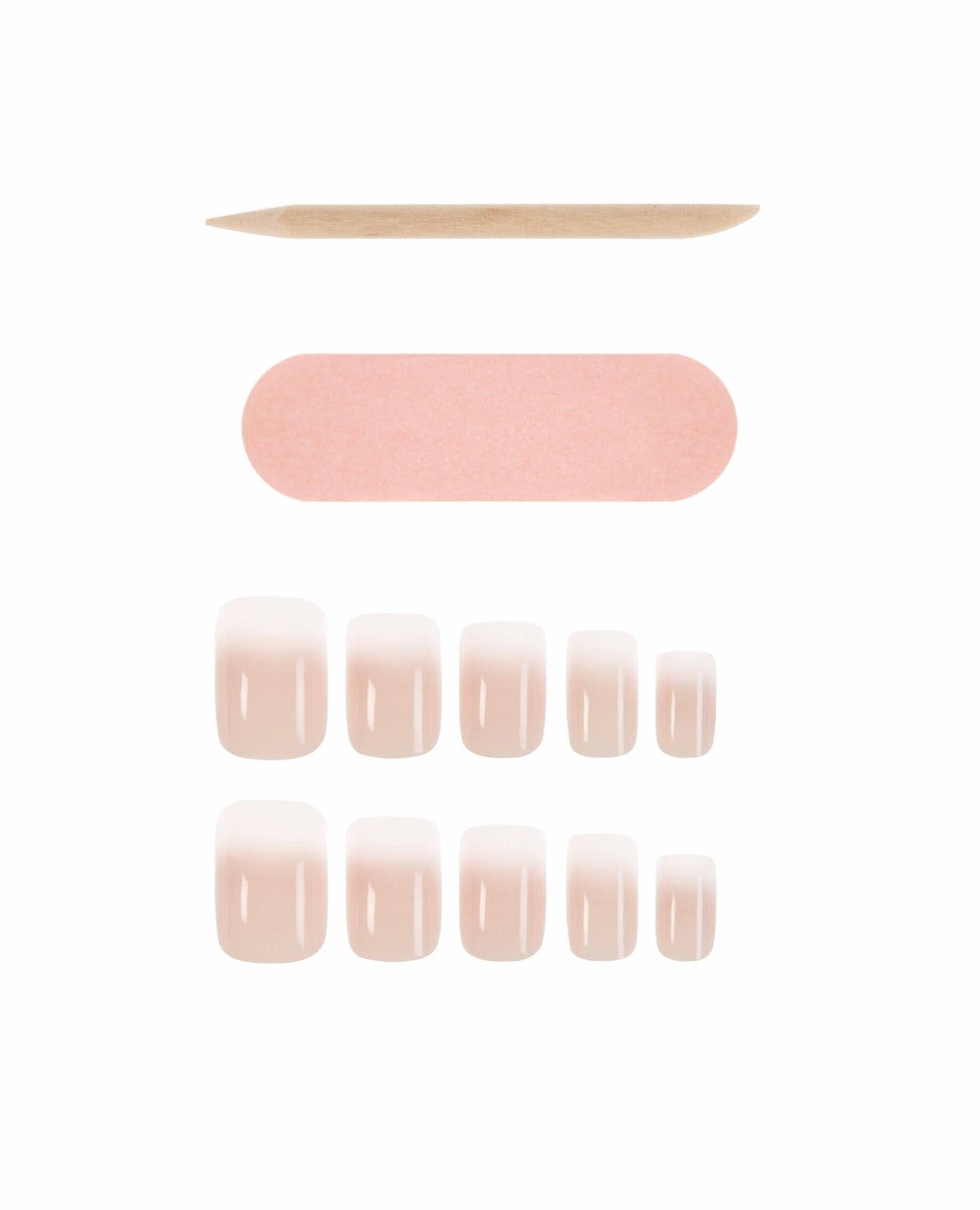 Ardell Professional press-on nail kit with classic square French tip nails, nail glue, file, and cuticle pusher.