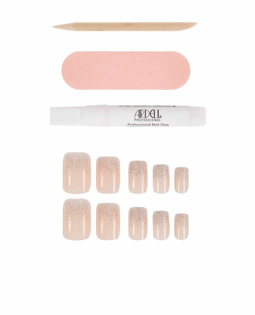 French Glitter press-on toenail set with nude base, includes nail glue, file, and cuticle stick for salon-quality results.