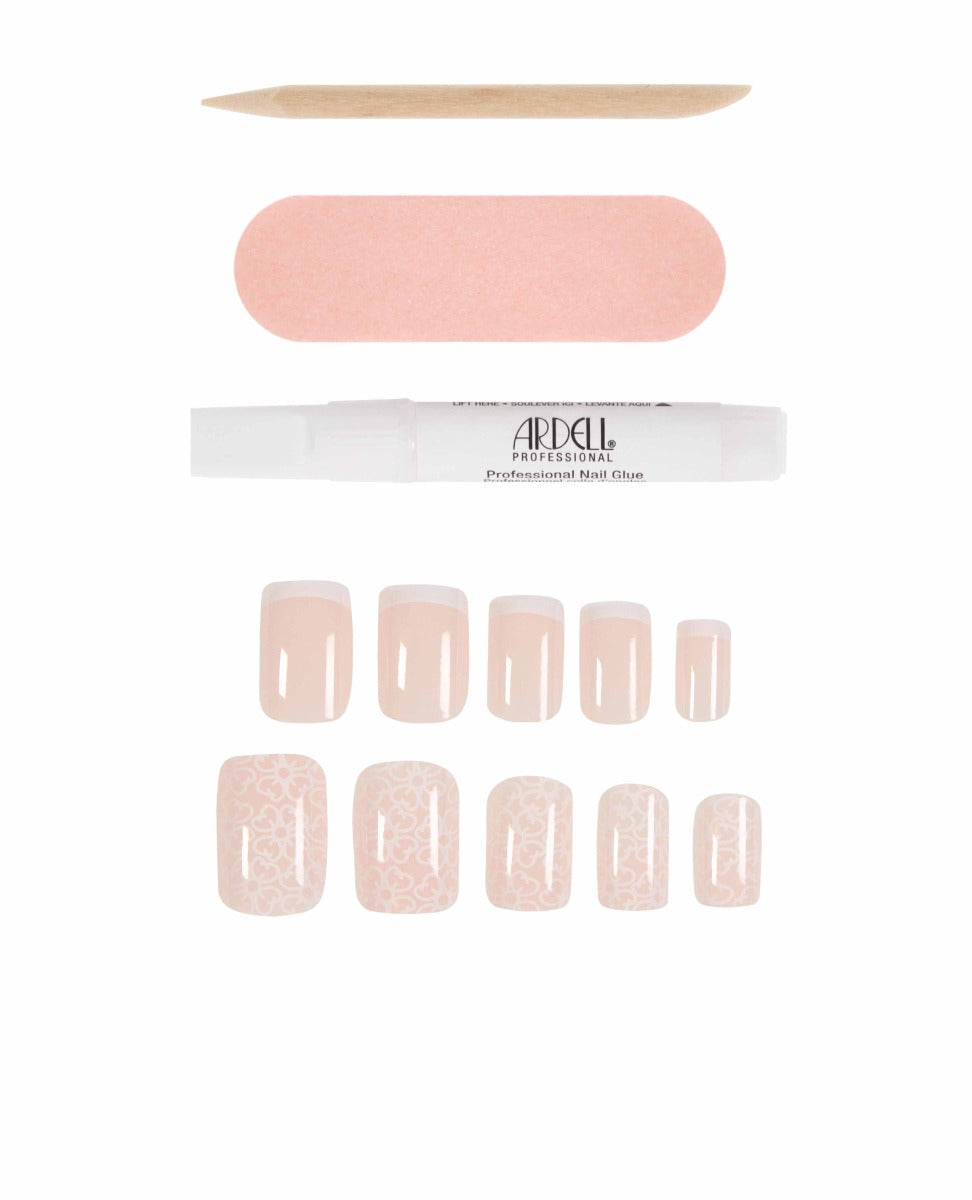 French tip press-on nails set with lace design, includes nail glue, file, and cuticle stick for easy application.