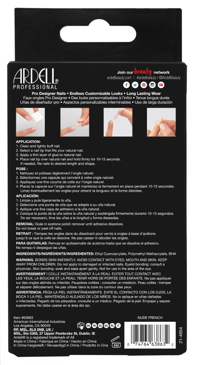 Back of Ardell Nail Addict in Nude French with application instructions in three different languages