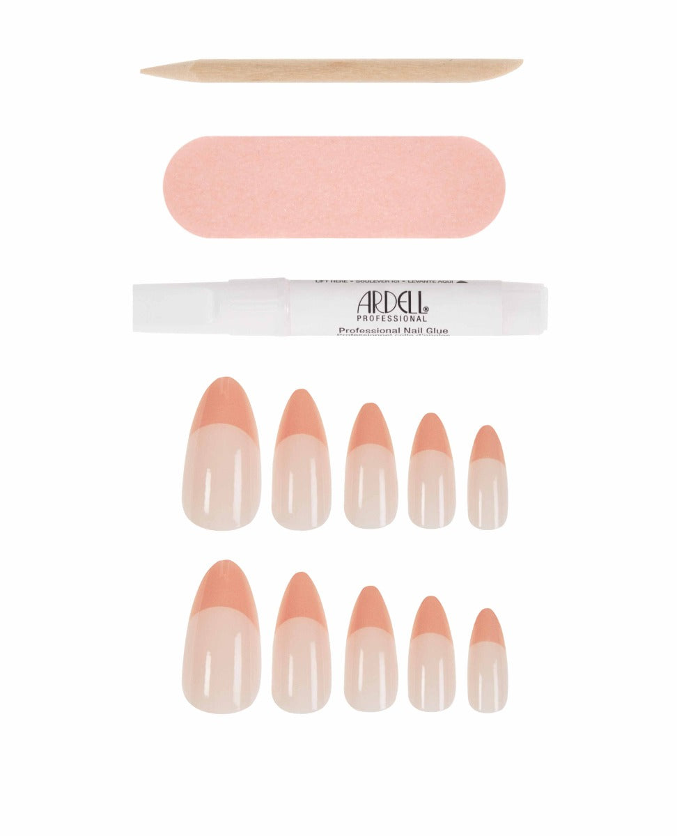 A set of almond-shaped French tip press-on nails with nail glue, buffer, and cuticle stick for a classic manicure.