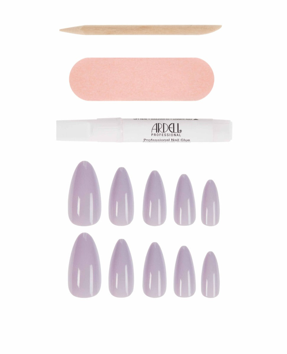 Lilac almond-shaped press-on nails with nail glue, file, and cuticle stick for a salon-quality look at home.