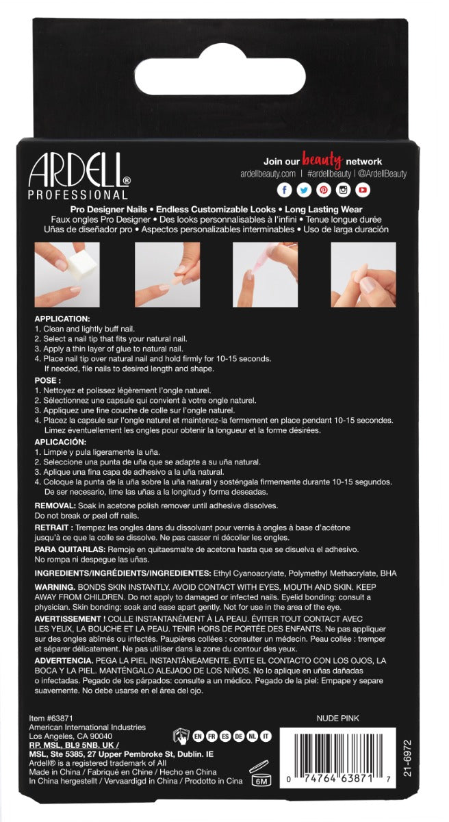 Back of Ardell Nail Addict Nude Pink with application instructions in three different languages